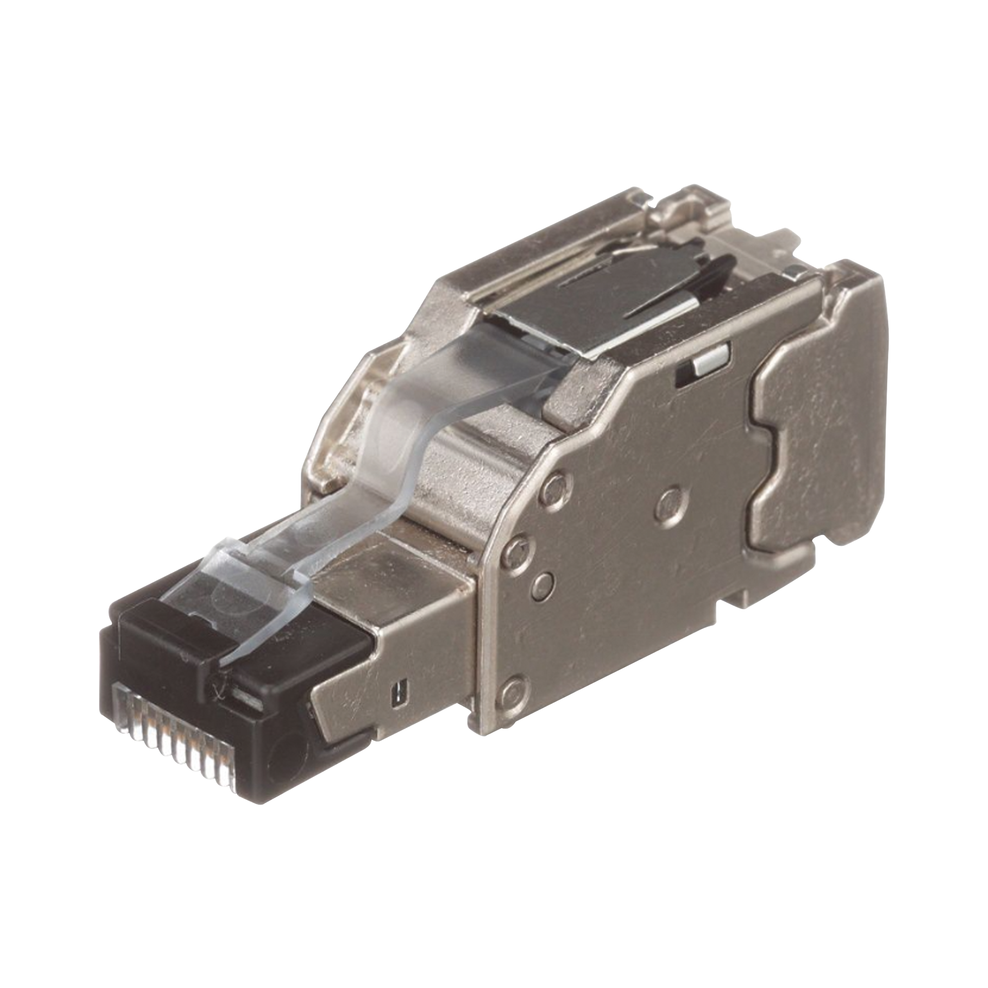Plug RJ45 Blindado, Instalación Recta, Terminación en Campo Certificable, Compatible con Cat5e, Cat6 y Cat6A, Color Plata Plug RJ45 Blindado, Instalación Recta, Terminación en Campo Certificable, Compatible con Cat5e, Cat6 y Cat6A, Color Plata